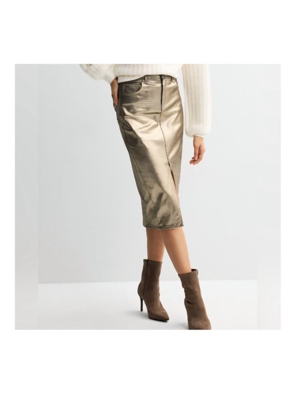 Farmers Market Gold Coated Metallic Pencil Skirt Knee Length L
